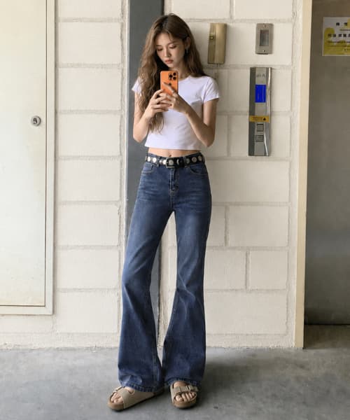 포미 워시드블루 스판 부츠컷 데님팬츠