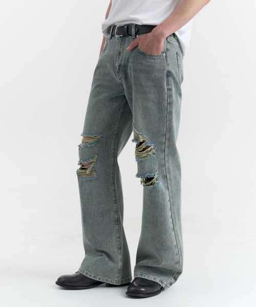 Wide Flare Damage Jeans (Blue)