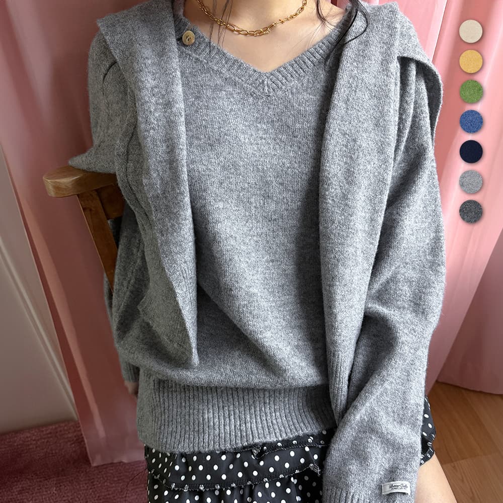 [SET]Essential V Neck Knit & Shawl-7colors