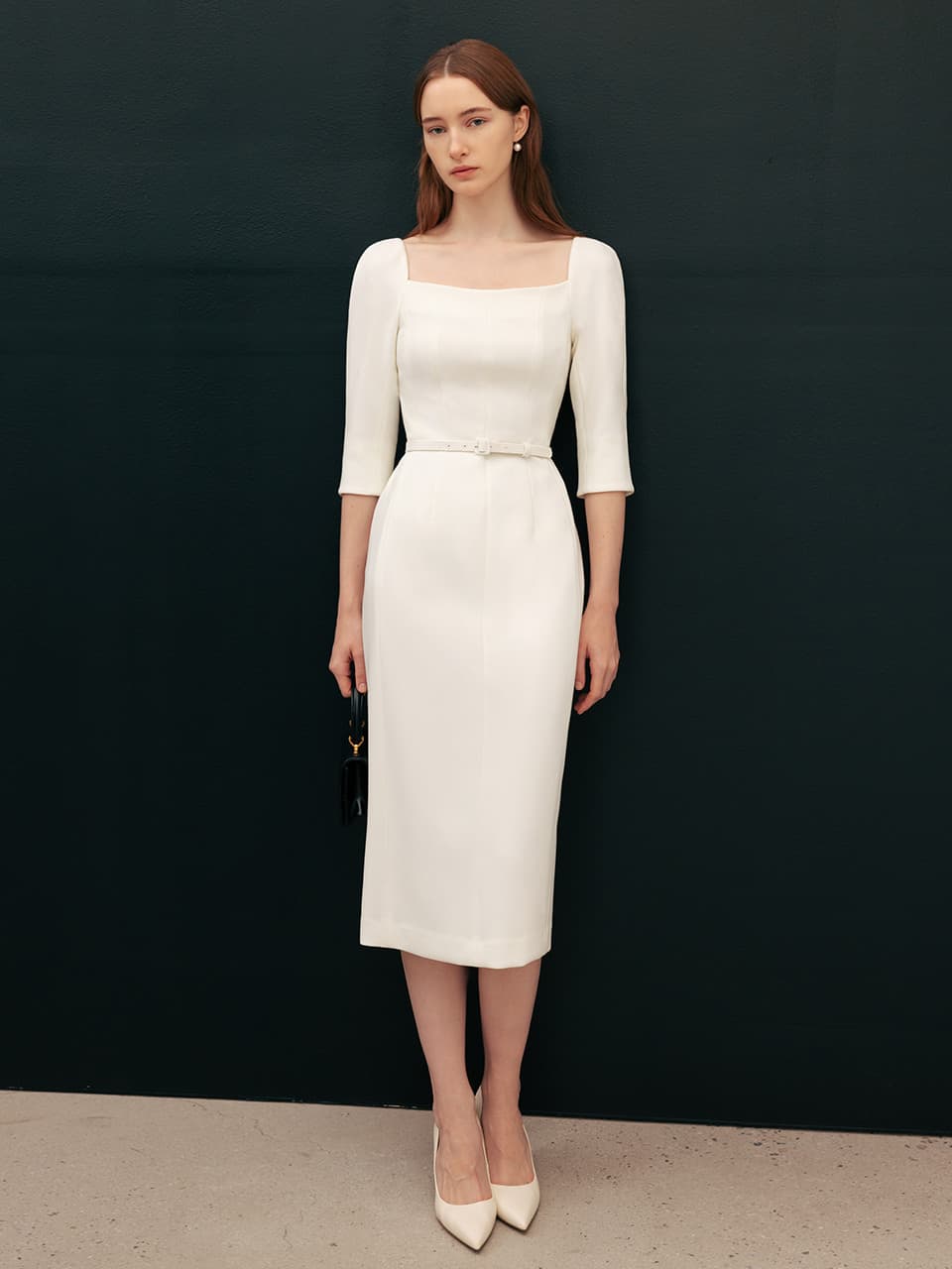 [11차]ODETTE Square neck Three-quarter Sleeve H-line midi dress (Black/Off white)